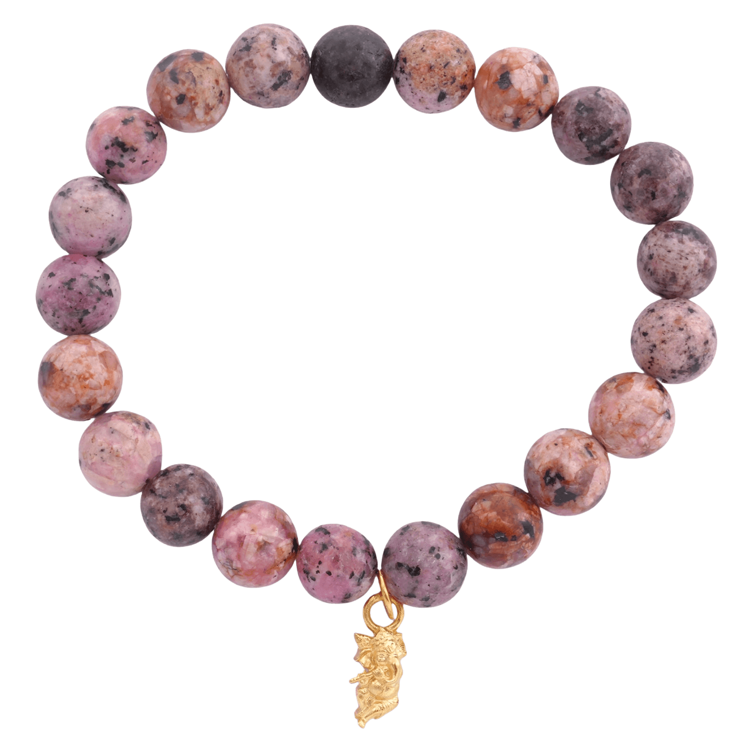 Rhodochrosite gemstone bracelet with Murali Ganesha